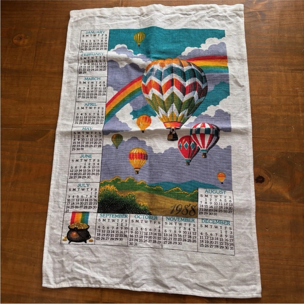 Vintage 1988 Calendar Linen Tea Towel-Hot Air Balloons/Rainbow/Pot of Gold